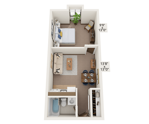 Floor plan for 1 bed, 1 bath, 500 sqft